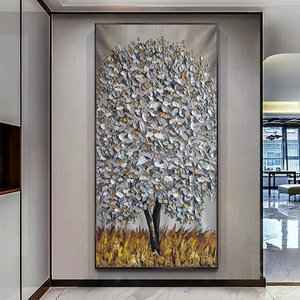 Tableau mural abstrait grand format, style européen, fait main et peint à la main, en acrylique sur toile, avec motif floral d'<span class=keywords><strong>arbre</strong></span> argenté, technique 3D à la spatule épaisse, entièrement peint. - Product Image 2