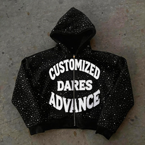 Sweat à capuche zippé streetwear de créateur en coton 100% effet vieilli, <span class=keywords><strong>noir</strong></span>, coupe oversize, épais, brodé de strass - Product Image 1