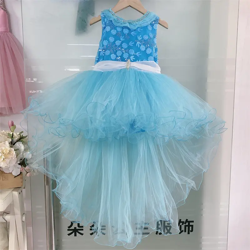 2024 vestidos para niñas, volantes azules, ropa para niños, venta de una pieza, nuevo modelo para niñas, vestido de cola de fiesta escolar