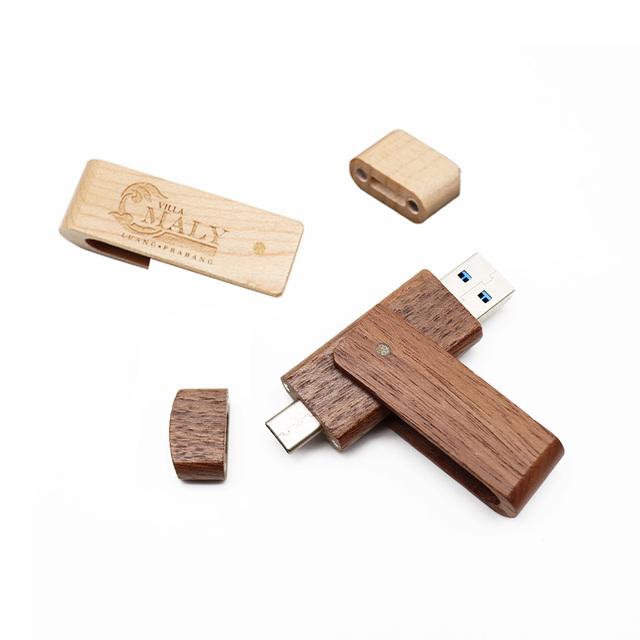 Top Sales 100% Wooden Swivel 2-in-1 USB C Stick 4GB-128GB New USB 2.0 Flash Drive with 3-Year Warranty OEM Brand