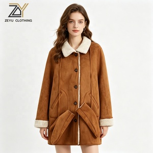 Zeyu Women Camel Faux Suede Shearling <strong>Coat</strong> Mid-Length Button Down Winter Warm Fleece Lined Jacket with Detachable Mitten Cuffs - Product Image 1