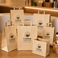 Sac de livraison alimentaire à poignée plate, sac en papier kraft recyclable, emballage pour service de restauration rapide, commande en gros pour la marque de café