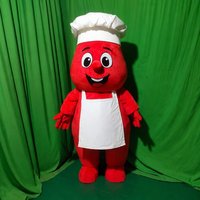 Costume de mascotte de chef OEM pour adulte, en peluche, avec logo imprimé, thème alimentaire, avec tablier et toque de chef, pour la publicité, les fêtes et les carnavals