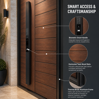 Porte d'entrée en bois grainé avec serrure à clavier et panneau latéral fixe, porte d'entrée moderne pour villa, appartement, maison, hôtel
