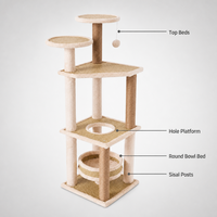 En gros Arbre à chat moderne en bois à cinq niveaux avec poteaux en corde de sisal naturelle, plateformes de observation, grand condo pour chat et ouverture de fenêtre panoramique