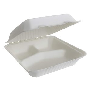 Disposable Bagasse Clamshell Box 8'' 3 Compartment Sugarcane Bagasse Box Biodegradable Food Container