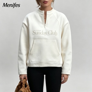 <span class=keywords><strong>Felpa</strong></span> Oversize Personalizzata da Donna con Stampa di Lettere Bianche, Mezza Zip, Maniche Lunghe e Tasca a Canguro - Product Image 1