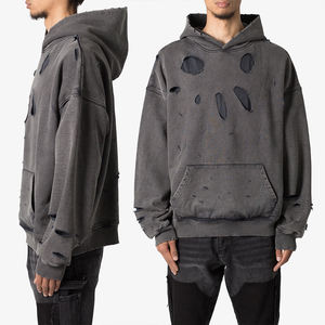 Sweat à capuche vintage déchiré en molleton 100 % coton pour homme, style streetwear délavé à l'acide, design hip-hop - Product Image 1