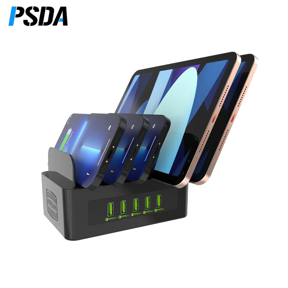 PSDA5ポート90WマルチQC3.0充電器PD18WUSBC充電ステーション、Samsung Huawei iPhoneiPadスマートフォンタブレット用スタンド付き