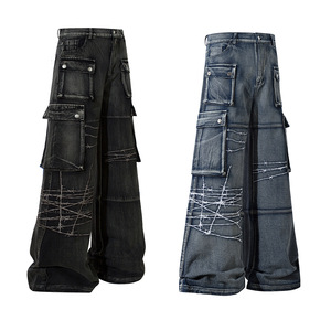 Pantalon cargo en denim pour homme, style vintage, broderie Y2K, hip hop, respirant, imprimé, ODM, tendance, multi-poches - Product Image 1
