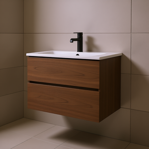 Mueble de Baño Moderno de 24 Pulgadas, de Nogal, para Montar en la Pared, con un Solo Agujero para Grifo, Gran Espacio de Almacenamiento, Flotante, Preensamblado, con Lavabo de una Pieza y Desagüe - Product Image 2