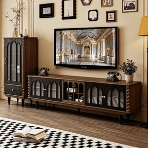 Vintage Gothic Style Wooden TV Stand & <b>Tall</b> <b>Cabinet</b> Set with Glass Doors for Living Room - Product Image 1