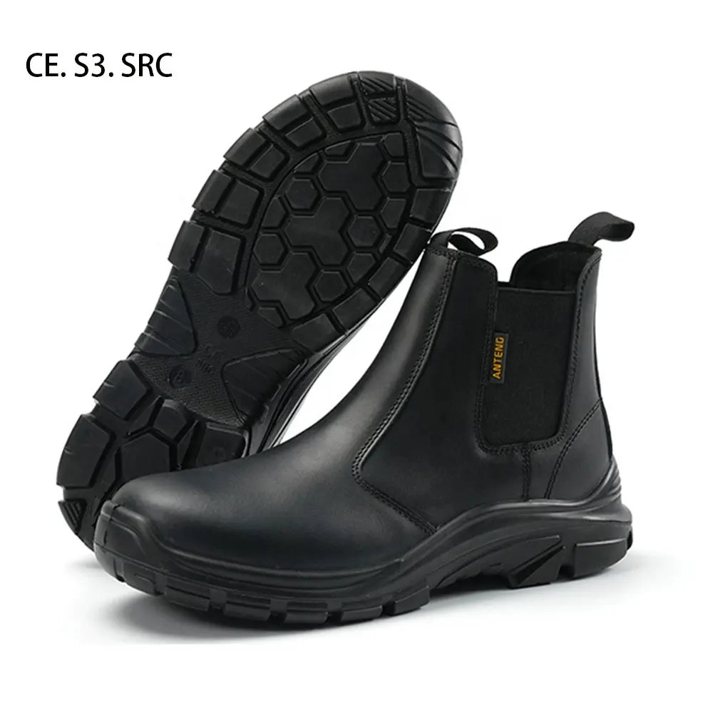 Anteng - Sapatos de segurança masculinos S3 com biqueira em aço e couro legítimo, calçado de segurança industrial com bico em PU, calçado preto SRC para trabalho