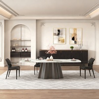 Ensemble de table à manger moderne Pandora en pierre frittée avec chaises de banquet, plateau en pierre et base en piédestal gris foncé ou noir