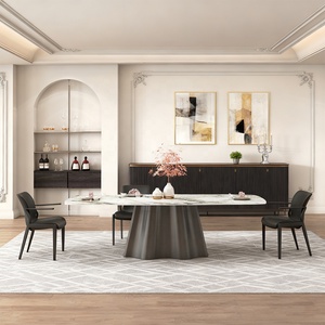 Set da Pranzo Moderno con Tavolo con Piano in Lastra di Roccia Pandora o Pietra Sinterizzata e Base a Piedistallo Grigio <span class=keywords><strong>Scuro</strong></span> o Nero - Product Image 2