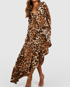 Personnalisé 2024 automne hiver dame une pièce imprimé animal sexy coton à volants à manches longues léopard décontracté robe midi femme vêtements - Product Image 4