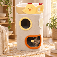 Lit pour chat avec panneau à gratter en sisal, design mignon de dessin animé, beige, multi-niveaux, avec lit supérieur amovible