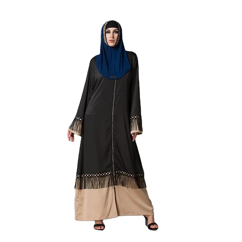 ชุดเดรสยาวมีซิปปิดอาบายามุสลิมมีพู่สีดำเย็บปะติดปะต่อกันชุดกิโมโน jubah ชุดอาหรับอิสลามยาวเต็มตัว