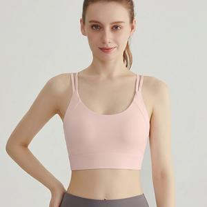Soutien-gorge de sport pour femme à double bretelle fine, dos croisé, fermeture à crochet, rembourré, maintien léger, col ras du cou, coupe courte, pour yoga et entraînement en salle de sport - Product Image 3