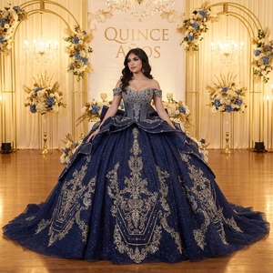 Rsm261096 Impresionante Vestido de Gala Azul Marino con Hombros Descubiertos, Lazo Grande y Apliques Dorados Estilo Barroco para Quinceañera y Fiesta de 16 Años Jancember - Product Image 1