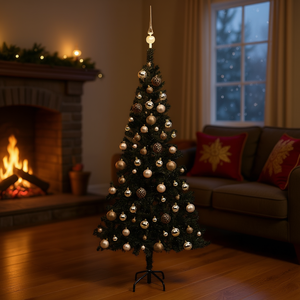 Sapin de Noël artificiel en PVC noir de 59,1 pouces pré-éclairé avec un ensemble de boules, LED blanc chaud, base sur pied pour intérieur - Product Image 2
