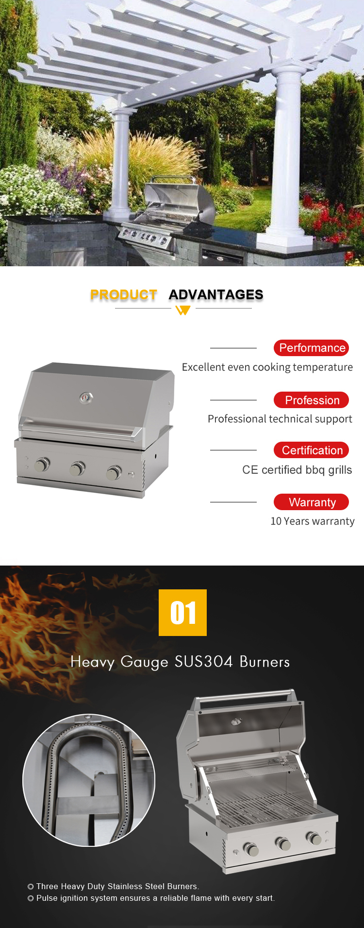 Stainless Steel 3 Burner Gas Grill