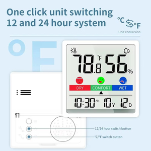 เครื่องวัดอุณหภูมิและความชื้นแบบดิจิตอล LCD พร้อมปฏิทิน สำหรับใช้ภายในและภายนอกอาคาร นาฬิกาตั้งโต๊ะสำหรับสำนักงาน ขายส่ง - Product Image 2