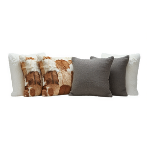 Ensemble de housses de coussin en fausse fourrure blanche et patchwork de cuir de vachette, 45 cm, élégantes, avec coussins texturés gris pour l'intérieur - Product Image 1