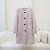 Nouveau design 2026 – Manteau long en laine d'agneau pour femme, col rond, en peau de mouton, manches longues JT642