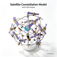 Model Tampilan Konstelasi Satelit dengan Bumi Biru, Satelit Emas, Panel Surya Ungu, Cincin Orbit Logam, dan Alas Putih