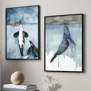 Blue Watercolor Marine Animals Posters Nordic Big Whale Ship Sea Prints Wall Art Decor Picture Canvas Painting