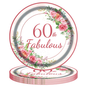 Juego de Platos de Papel con Diseño Floral para el 60.º Cumpleaños, con Vasos, Servilletas y Cubiertos para Decoración de Fiestas - Product Image 3