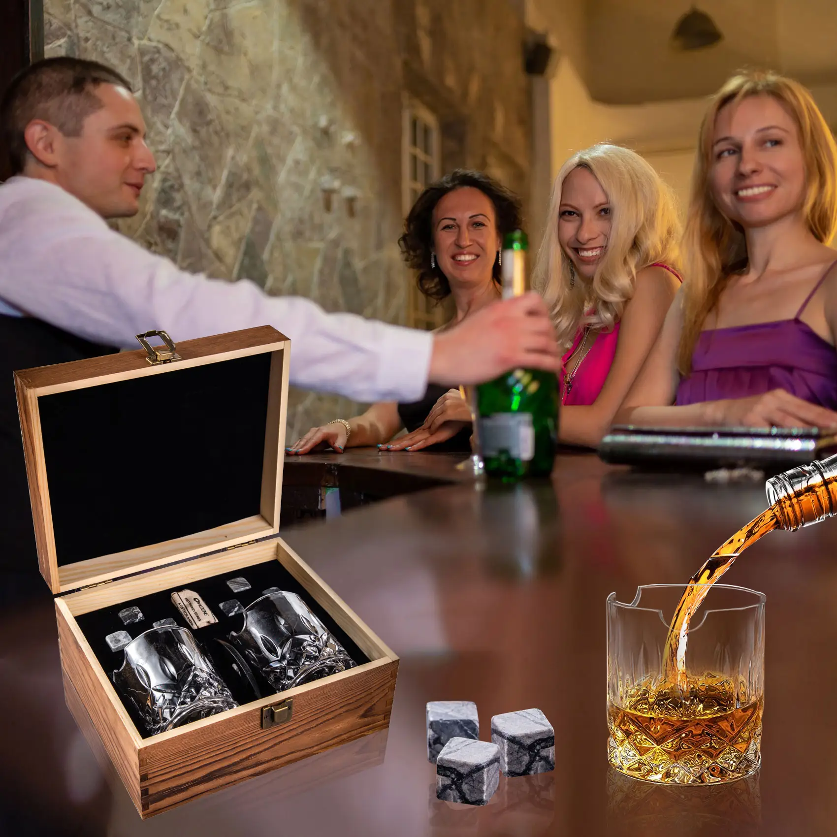 Custom Whiskey Cooling Ice Cube Stones And Glass With Cigar Holders Sets Wine Glasses Whiskey Stone Gift Set For Men