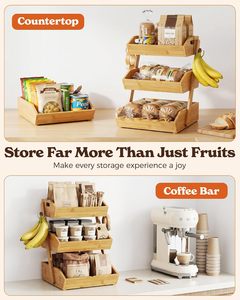 Organiseur à plusieurs niveaux en bambou robuste JQ, panier à <span class=keywords><strong>fruits</strong></span> en bambou à 3 niveaux avec 2 supports pour bananes, pour le pain, les collations, les légumes - Product Image 3