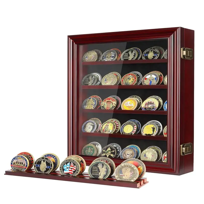 Military Challenge Coin Display Case with HD Toughened Glass Door Challenge Coin Display Holder Solide Wood Wall Mount Coin Dis