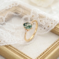 Bague en argent véritable plaqué or 10 carats avec pierre précieuse naturelle en forme de poire, délicate bague en agate mousse en forme de goutte d'eau pour bijoux féminins