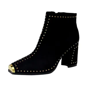 6862bigtree vrouwen schoenen retro nachtclub sexy rock trend dik met hoge hak suede metalen vierkante kop klinknagel vrouwen's booties