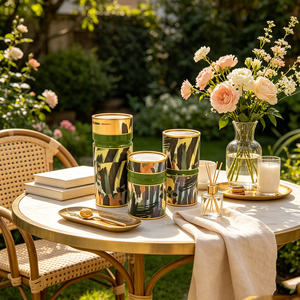 Bocaux en céramique à motifs abstraits avec bandes vertes pour une décoration bohème moderne - Product Image 3