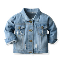 Blouson court en jean unisexe automne style coréen pour garçons, filles et bébés, avec revers vieillis, manches longues, style délavé et tendance