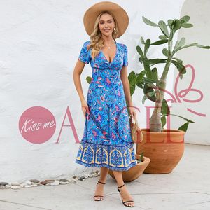 จูบฉัน ANGEL ฤดูร้อนเซ็กซี่แขนสั้นชุดคอวีโบฮีเมียนวันหยุดชายหาดวินเทจดอกไม้ชุดเซ็กซี่สําหรับผู้หญิง - Product Image 3