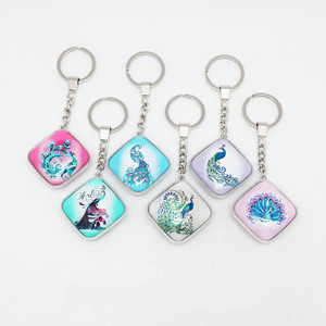 Peacock Design Double Sides Prismatic Shape Souvenir Glass Metal Custom Keychain Promotion Metal Keyring