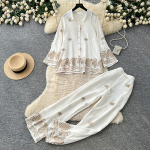 Conjunto de 2 piezas estilo vintage de otoño para mujer, top con cuello polo y traje estampado, venta al por mayor - Product Image 2