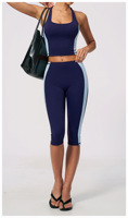 Set Yoga Wanita 2 Potong Warna-Warni Patchwork, Legging Capri Pinggang Tinggi, Sport Bra Racerback, Pakaian Olahraga Pengangkat Bokong