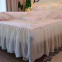 Parure de lit 4 pièces en coton rose pastoral de luxe, style princesse, avec jupe de lit à volants et taies d'oreiller