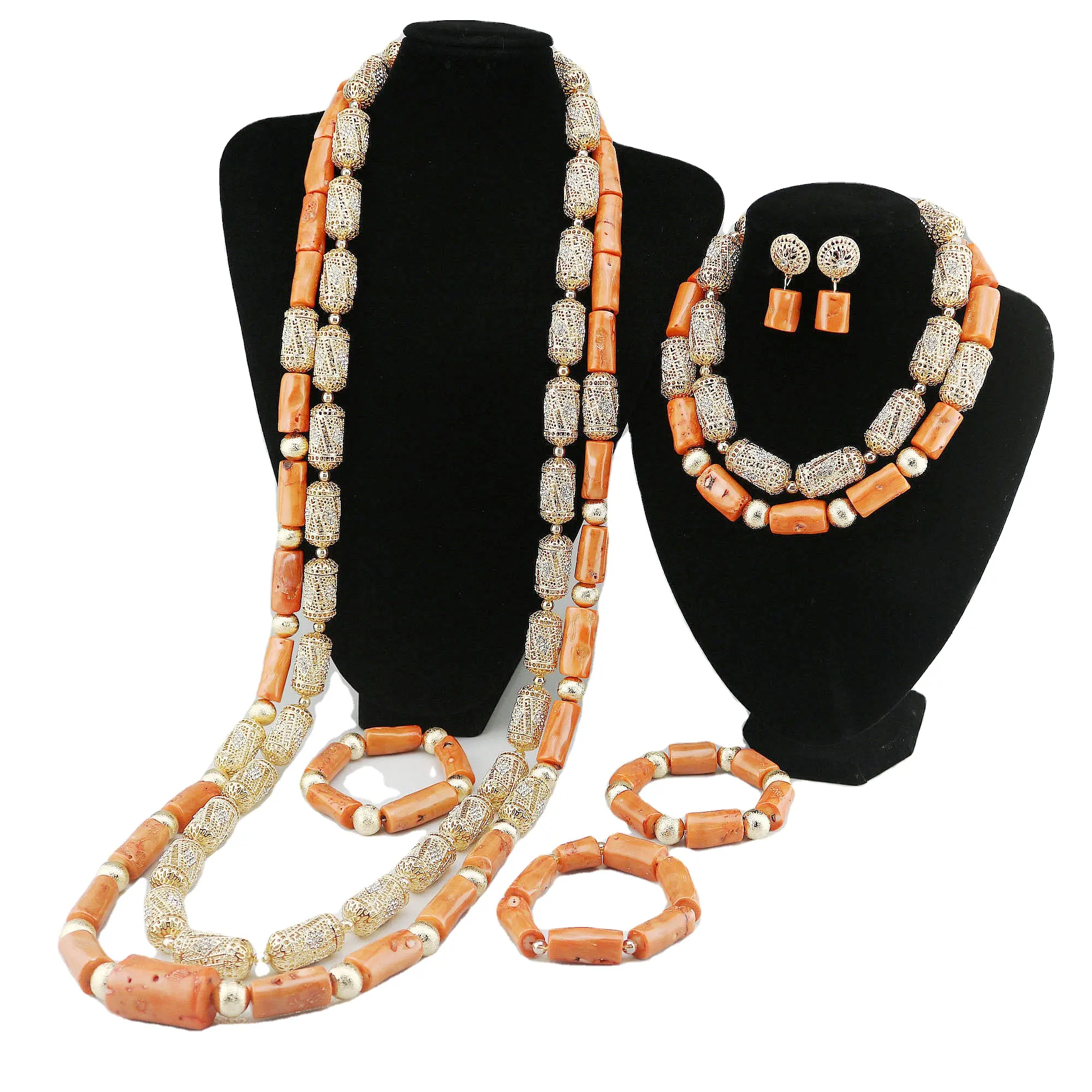 African Latest wholesale stone jewelry red handmade dubai gold plated coral jewelry set for wedding