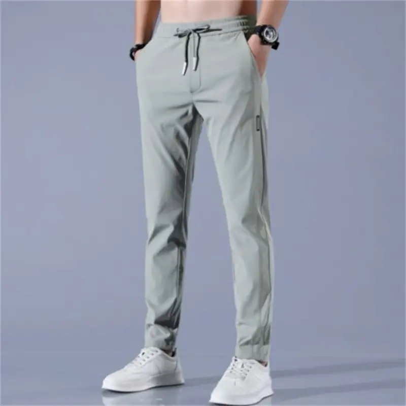 Men's Ice Silk Trousers Solid Color Mid-Waist Loose Breathable Straight-Leg Casual Pants Thin Quick-Drying Sports Pants