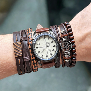 Set di Bracciali in Pelle Marrone Vintage per Uomo, Bracciali Intrecciati con <span class=keywords><strong>Albero</strong></span> <span class=keywords><strong>della</strong></span> <span class=keywords><strong>Vita</strong></span>, Accessorio Moda Maschile, Confezione Regalo Personalizzata - Product Image 3