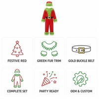 Disfraz de Monstruo Navideño para Niños, Mono Rojo con Ribete de Peluche Verde, Gorro de Santa, Cinturón con Hebilla Dorada, Fiesta Navideña