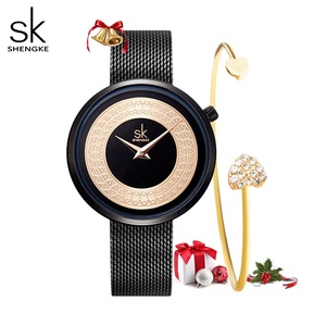 SHENGKE Offre Spéciale filles montre mains K0094L accepter Logo personnalisé en acier inoxydable <span class=keywords><strong>maille</strong></span> montre-bracelet de luxe dame noir/rose couleur - Product Image 3