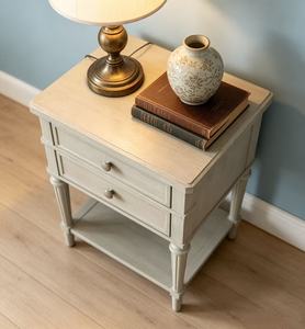 Premium Light Grey Solid Wood Nightstand,2 Drawers Open Bottom Shelf Turned Leg Bedside Cabinet for Coastal Bedroom <b>Night</b> <b>Stand</b> - Product Image 3